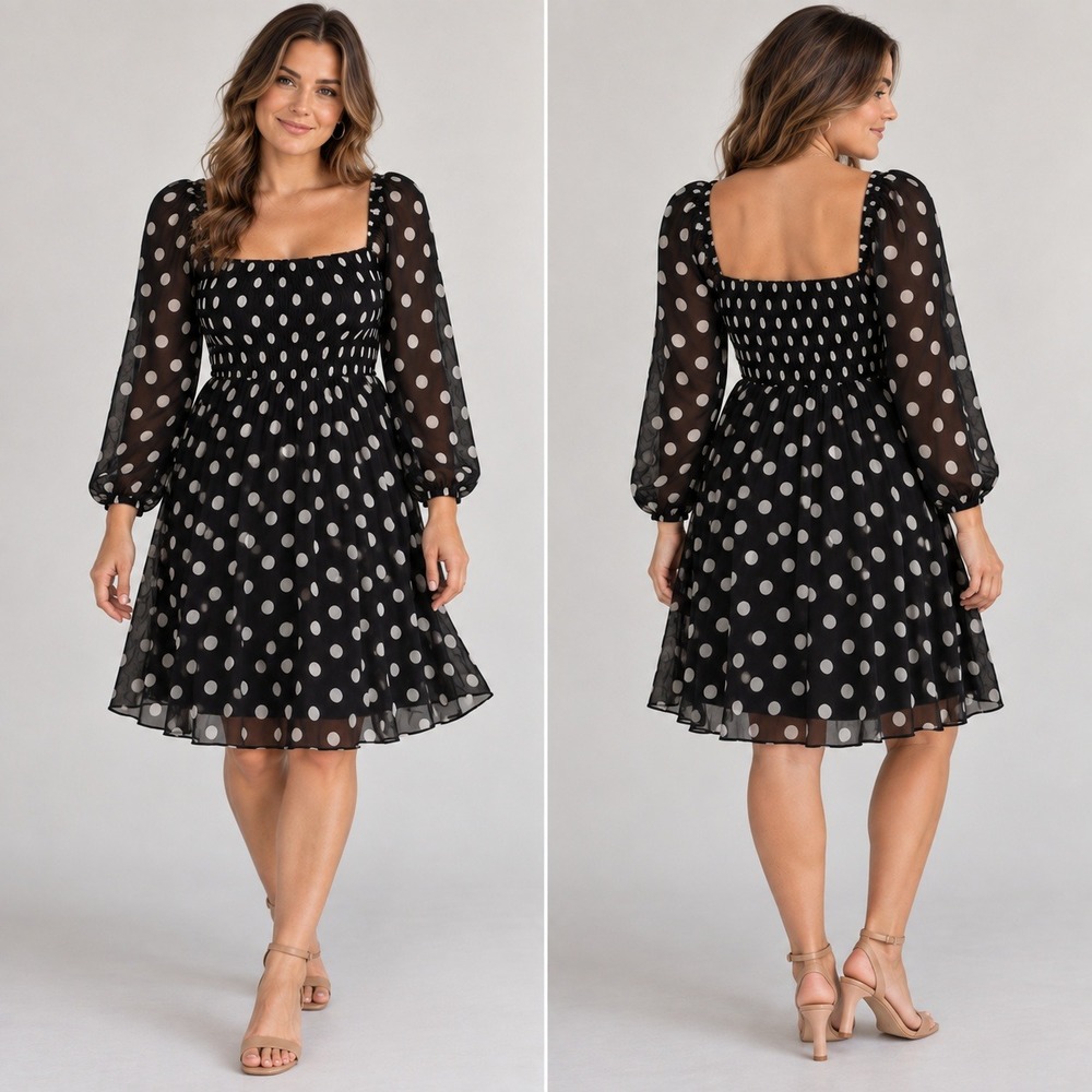ASOS DESIGN Curve Dress Sz 14 Black White Polka Dot Smocked Rockabilly Pinup